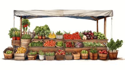 Illustration of an open-air market stand full of vegetables, in the watercolor style, with a white background, high resolution, high detail, in a clipart style, with warm colors, using a vintage color palette, isolated on the edges with minimal other context.