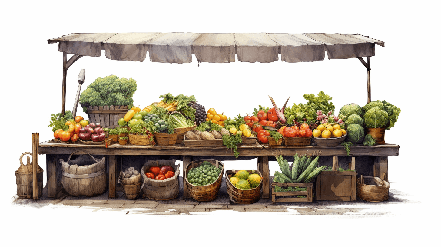 A market stall with various vegetables and fruits, in the style of watercolor, white background, detailed, digital art, high resolution, detailed, no shadows, hyper realistic, no text or letters in the picture