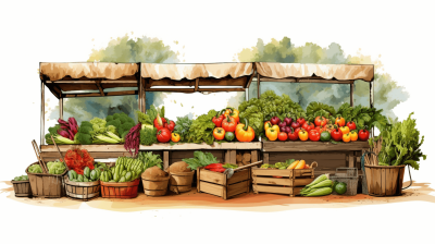 An illustration of a market stand with fresh produce, in the clip art style, on a white background, in the watercolor style, with a vector logo, at a high resolution, with no shadow, in the style of Dgs digital artist, a detailed illustration, in the watercolor style, a sketch, with flat colors, concept art, 2d game art