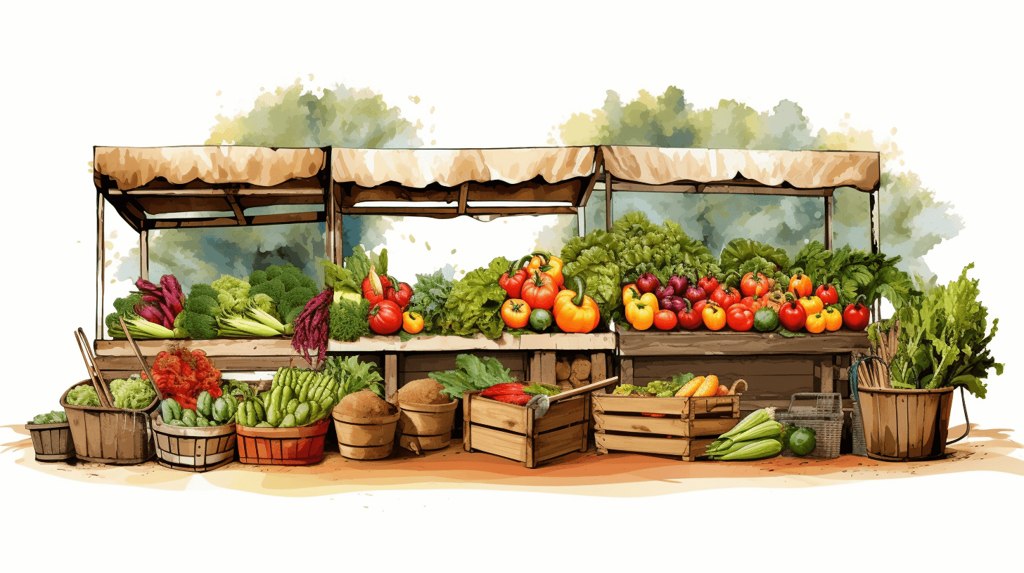 An illustration of a market stand with fresh produce, in the clip art style, on a white background, in the watercolor style, with a vector logo, at a high resolution, with no shadow, in the style of Dgs digital artist, a detailed illustration, in the watercolor style, a sketch, with flat colors, concept art, 2d game art