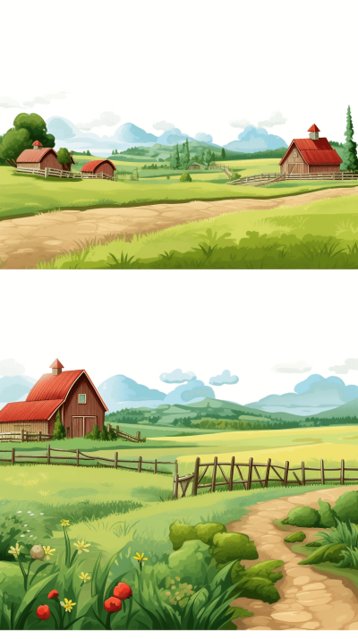 Cute cartoon farm landscape vector background set with barn, path and meadow isolated on white background, detailed character illustrations in the style of 32k uhd, cute cartoonish designs, bright colors, green grass and red roof buildings, simple backgrounds, high resolution