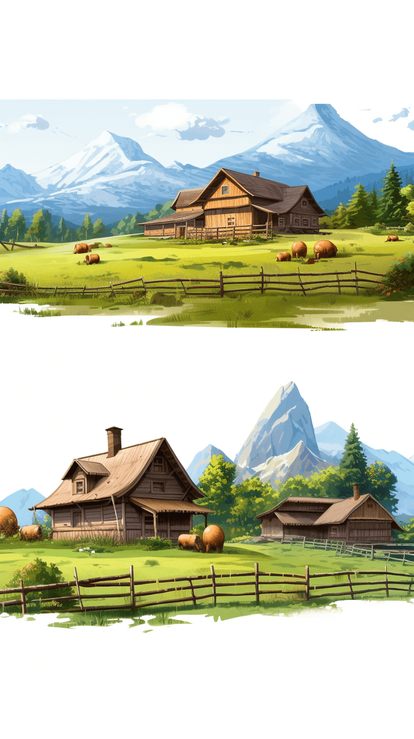 Two vector illustrations of rustic farmhouses in the mountains, with pastures and wooden fences. The first scene shows an old farmhouse surrounded by green meadows under a blue sky, while the second features a modern barn nestled among rolling hills. Capture the peaceful atmosphere of rural life with detailed textures on their exterior walls. Ensure that these images fit seamlessly into one another for seamless tiling with no adorable characters or text elements, in the style of rustic farmhouse illustrations.