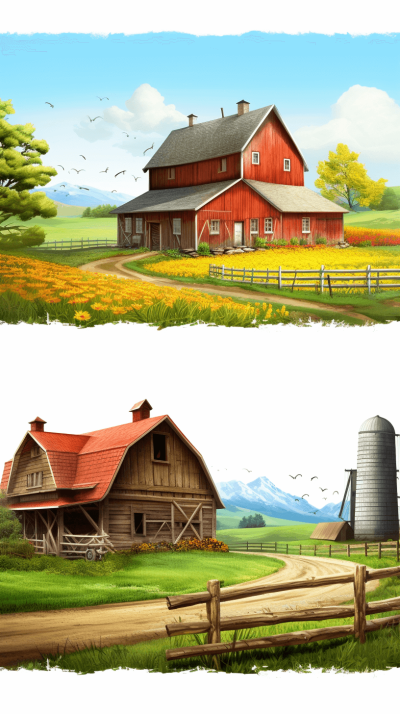 Two game asset sheets, barn and farm landscape, in the cartoon style, digital art in the style of [Artgerm](https://goo.gl/search?artist%20Artgerm), in the comic book art style, white background, front view, side view perspective, 2D flat design, hand drawn, vector illustration, digital painting, bright colors, detailed, smooth, sharp focus, high resolution.