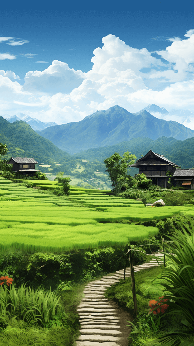 In the green rice fields, there is an ancient wooden house with high mountains in the distance and blue sky and white clouds. There were paths leading to village houses on both sides of them., A path leads up towards the mountain peak, surrounded by lush grassland, creating a beautiful scenery. The style is realistic and highdefinition. High definition