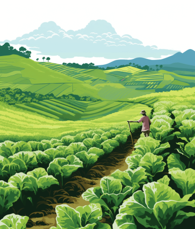 vector illustration of farmer working in vegetable field, cartoon style, simple minimal , white background, high resolution vector, pastel colors, natural lighting, high quality details, green cabbage fields with rows and rows of cabbages growing