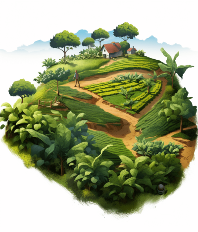 a farm with tea plantations in the style of an isometric illustration, white background, green and brown colors, highly detailed illustrations, naturalistic landscape, high resolution, aerial view, digital art techniques, a farmer standing on top of dirt road that leads to his house at distance, the land has tea trees growing all over it, there's lush vegetation around the area, there are many rows of small houses in between these plants