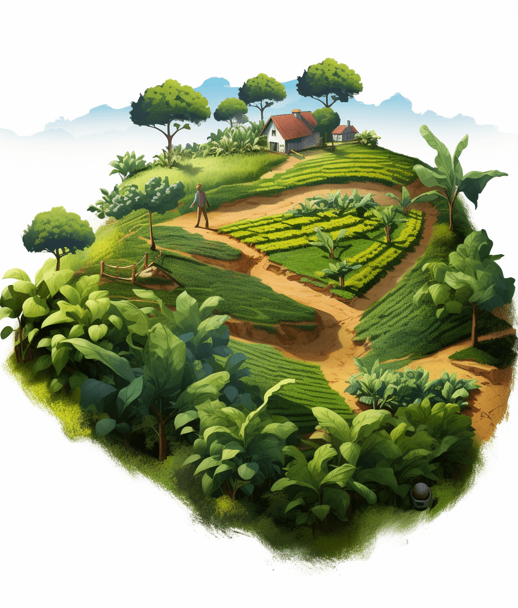 a farm with tea plantations in the style of an isometric illustration, white background, green and brown colors, highly detailed illustrations, naturalistic landscape, high resolution, aerial view, digital art techniques, a farmer standing on top of dirt road that leads to his house at distance, the land has tea trees growing all over it, there’s lush vegetation around the area, there are many rows of small houses in between these plants