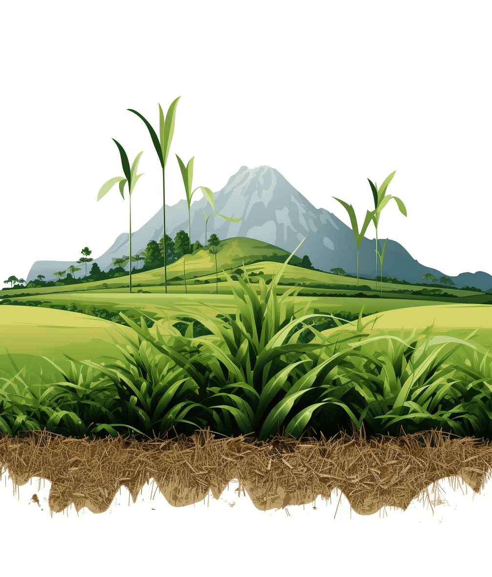 vector illustration of grass, sugar cane and rice fields with mountain in the background, white background, png transparent, isolated from bottom half of picture