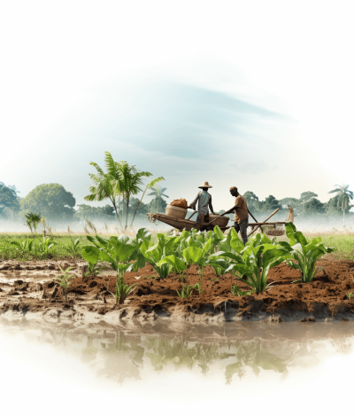 A realistic photo shows two farmers plowing the ground with their boar in front. Behind them is an empty field with some banana trees growing. One farmer stands next to his cart carrying water canals. The photo depicts people working at dawn against a white background. The vector illustration style photo has high resolution, high quality details, and high definition image quality in a hyperrealistic and photorealistic style with hyperdetailed and ultrahigh definition. Bright natural light illuminates the scene with professional color grading and soft shadows without contrast. The photo has clean sharp focus.