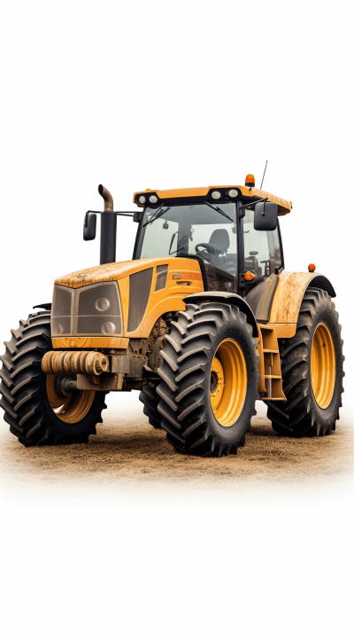 A tractor with large tires and yellow paint, on white background, hyper realistic photography