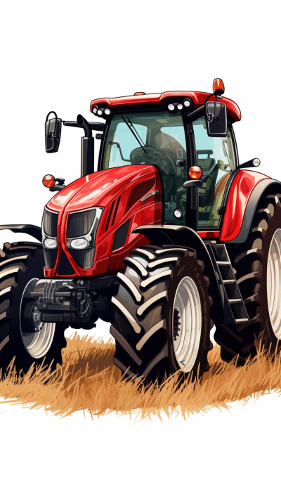 Generate an illustration of the tractor in vector style with white background. The red and black machine is set against a backdrop of brown grass, capturing its dynamic motion as it brightness highlights every detail on the vehicle's body. A farmer can be seen sitting behind wheel, adding to the scene’s authenticity. This vector representation should emphasize realism while maintaining clean lines for easy clipart creation.