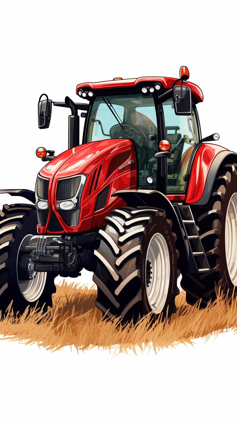 Generate an illustration of the tractor in vector style with white background. The red and black machine is set against a backdrop of brown grass, capturing its dynamic motion as it brightness highlights every detail on the vehicle’s body. A farmer can be seen sitting behind wheel, adding to the scene’s authenticity. This vector representation should emphasize realism while maintaining clean lines for easy clipart creation.