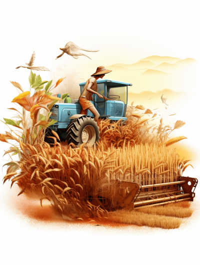 A farmer in an old tractor is harvesting wheat, the background of which depicts wheat fields and birds flying around. Vector illustration on white isolated background, detailed, high resolution, professional photograph, The ultradetailed illustrations focus on hyperrealistic people, with a natural color palette, showcasing intricate details, and a watercolor feel.