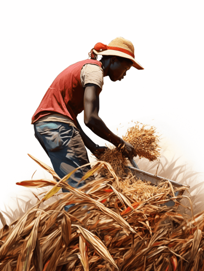 A realistic illustration of an African farmer harvesting rice, isolated on a white background, in a high resolution photographic style.