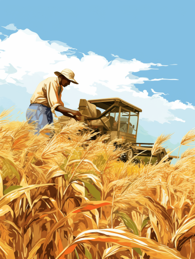 A farmer in an open field is harvesting wheat with a modern harvester. The illustration is in the vector style with brush strokes and warm colors. The sky is a clear blue with high resolution, details, quality, contrast, and color saturation. The lighting is bright and vivid like a daylight, bright, sunny day or golden hour. The perspective is a closeup, front view shot like portrait photography.