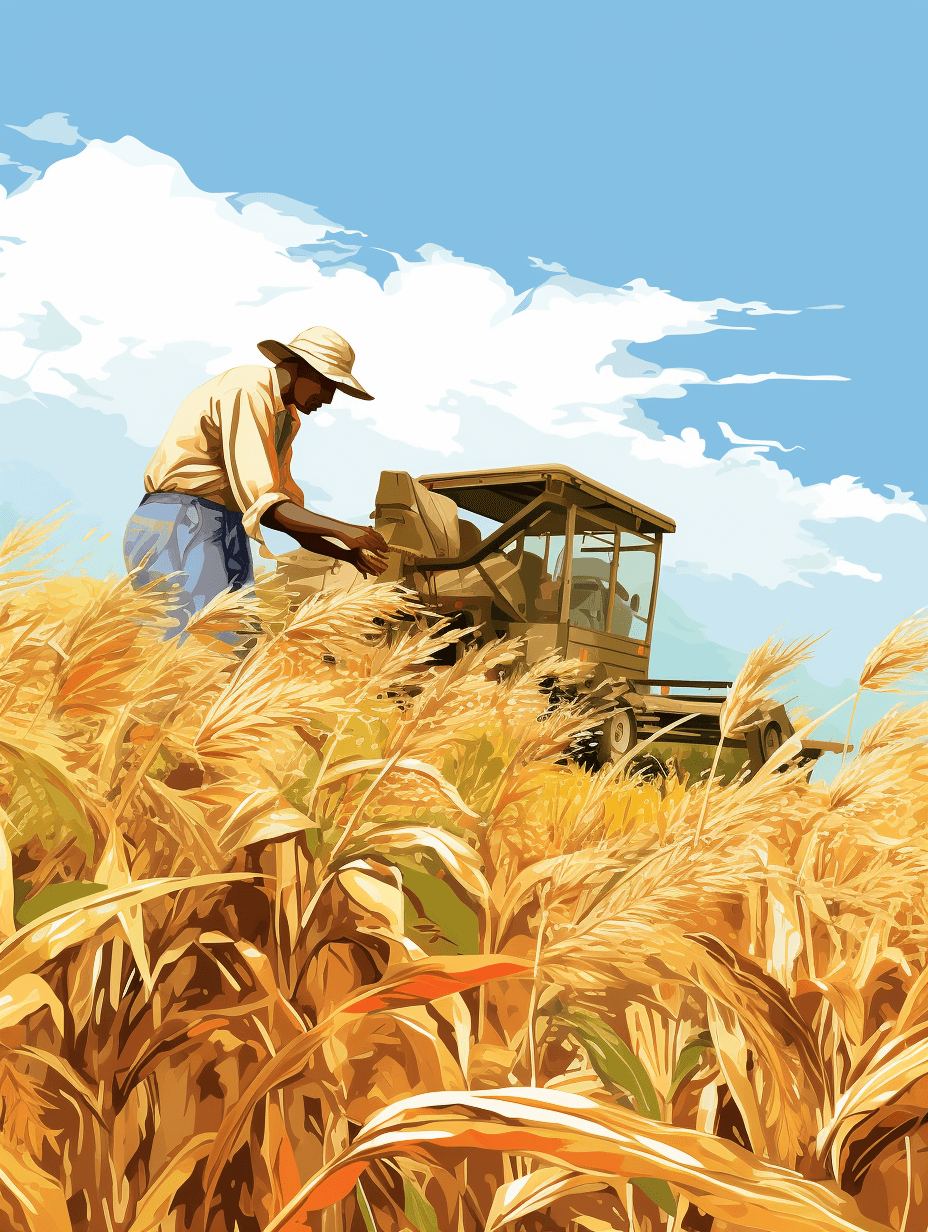 A farmer in an open field is harvesting wheat with a modern harvester. The illustration is in the vector style with brush strokes and warm colors. The sky is a clear blue with high resolution, details, quality, contrast, and color saturation. The lighting is bright and vivid like a daylight, bright, sunny day or golden hour. The perspective is a closeup, front view shot like portrait photography.