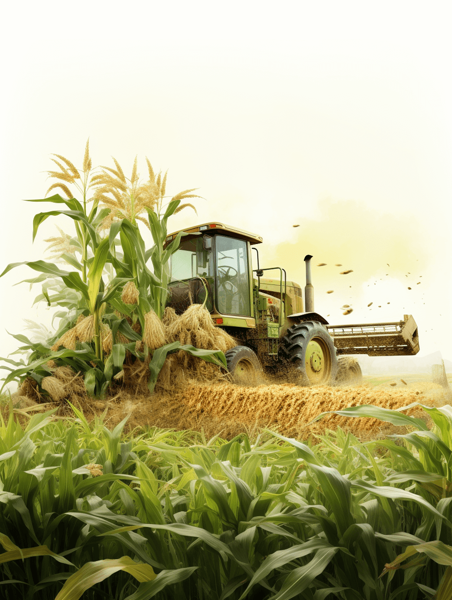 A harvester is harvesting corn in the field, with a white background and illustrations in the style of high-definition photography and 3D rendering. It has a green theme, with the machine taking up half of the picture, surrounded by tall ears of golden corn. The vehicle should have yellow wheels and brown chaff to add texture.