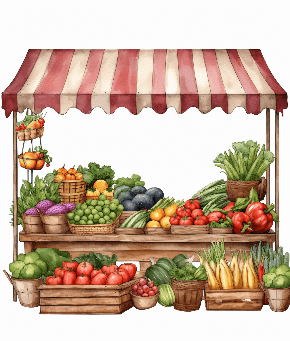 A watercolor clipart of an outdoor market stall with fresh produce, on white background