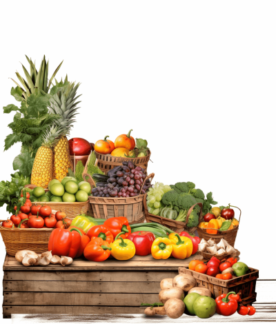 A pile of fresh fruits and vegetables on wooden boxes, surrounded by baskets filled with various types of fruit and vegetable, such as pineapples, apples, tomatoes, peppers, oranges, carrots, broccoli, mushrooms. The background is white and the image format is PNG. It is a 3D rendering with realistic photography, bright colors, high resolution, high detail, and high quality.