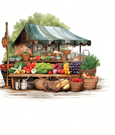 A handdrawn illustration of an old-fashioned wooden fruit and vegetable stand with a green roof, surrounded by various colorful vegetables in baskets and terracotta pots on wheels. The scene is set outdoors under the shade of trees. White background, high resolution, with no text or letters in the vector art style. A detailed depiction capturing every texture and detail.