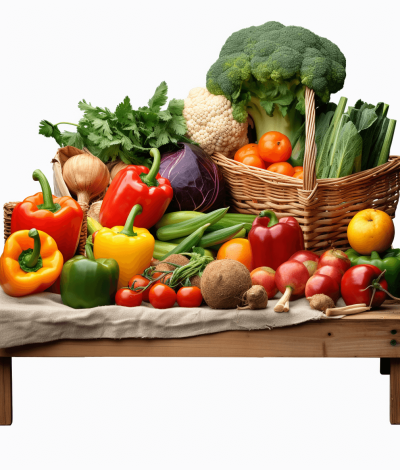 A table with fresh vegetables and fruits, a realistic photo shoot in the style of a professional photograph, high resolution, bright natural lighting, no background white transparent png