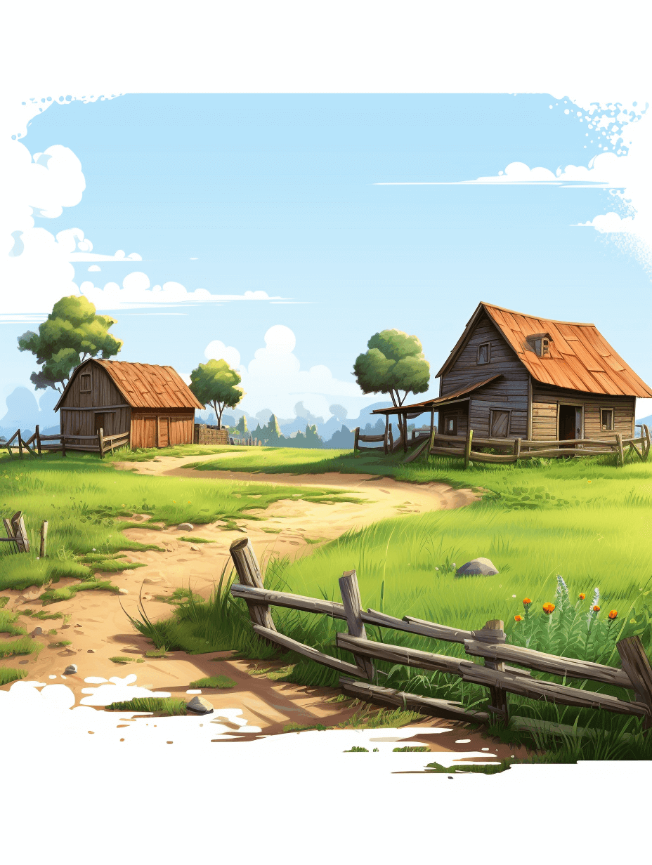 cartoon style, a farm with two wooden buildings and a dirt road leading to the house, surrounded by green grass, a fence along one side of it is visible in front of which there are small trees, white clouds can be seen on blue sky, bright sunny day, no people or animals, detailed illustration, colorful, high resolution, high detail, high quality