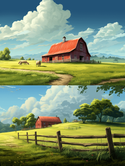 An illustration of two scenes, one featuring the red barn and farm in the style of Pixar, and another depicting that scene with a green meadow and fence. The background should be a blue sky and white clouds. Ensure there are no human figures present in any of these countryside landscapes. Capture the essence of a peaceful countryside setting in both scenes.