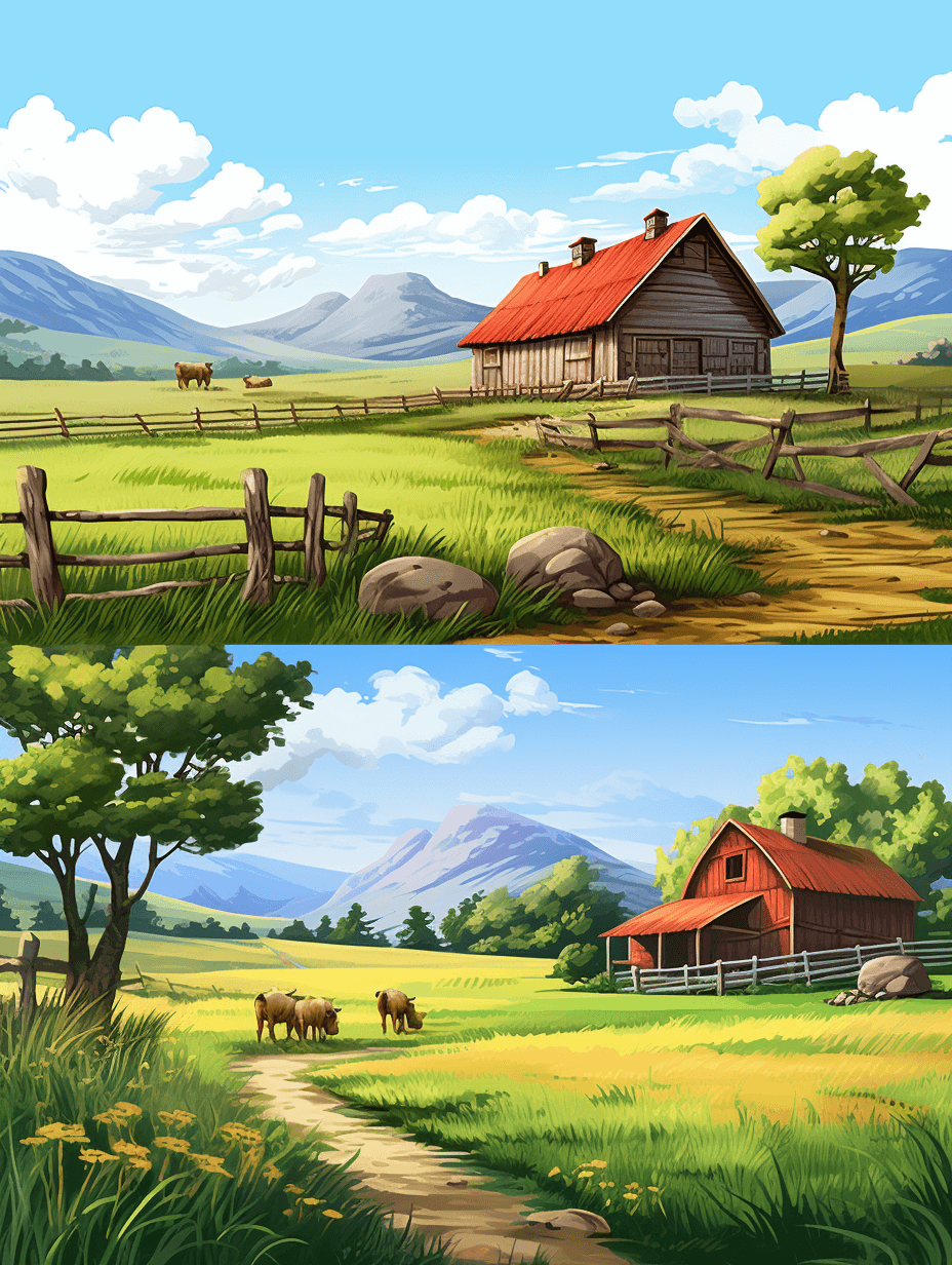 a vector cartoon illustration of two scenes of the same farm landscape, one with no animals and barns in a bright green field, the other with grazing sheep near an old red wooden farmhouse surrounded by stone walls, detailed background elements like mountains or trees, vibrant colors, high resolution,