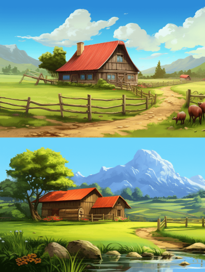 These two game background images depict a farm with a wooden house, green grass, and mountains in a cartoon style. The left side shows green grass near a water body, with a cow grazing on it. On the right side is a mountain range behind a rustic barn house, with a fence around the yard.