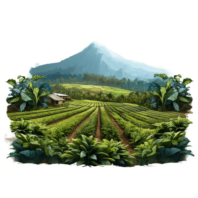 Illustration of a tea plantation in front of a volcano, with lush green leaves and high mountains in the background. A small house is visible on the left side against a white background. The vector graphics are high resolution and detailed, depicting the scene in a highly realistic style. The digital art concept design is drawn in the watercolor style, with smooth edges, isolated on a solid color background.