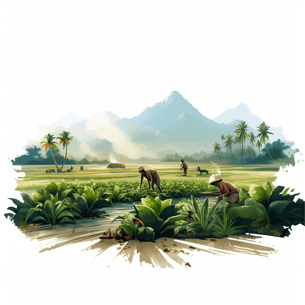 A digital vector illustration of a Maldivian farm scene with farmers planting vegetables in the field, mountains and palm trees in the background, white space on top of the mountain for text, in the style of a watercolor brush, high resolution.