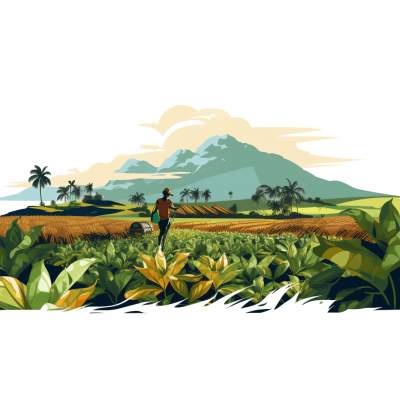 Vector illustration of a Cuba landscape with a hill, mountain and tea plantation field, a farmer working in the background in the style of Hattie, in a vector style, white background, Cuban colors, Cuba nature, tropical plants, Cuban grass fields, Cuban style, cubancore.