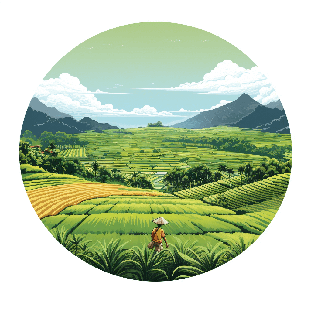 A vibrant illustration of the picturesque paddy fields in Vietnam, with farmers tending to their crops and lush green rice terraces stretching as far as they can see. The circular sticker has an earthy color palette, perfect for packaging or branding use., Isolated on pastel background