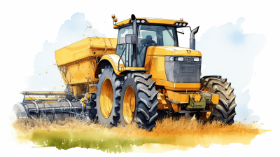 a yellow tractor with large tires plows the field, vector illustration on white background, watercolor, ink and pencil style, high detail, hyperrealism, cartoon style, watercolour, watercolor, inked outlines, smooth edges, uniform colors, high resolution, high quality, professional photography, studio lighting,