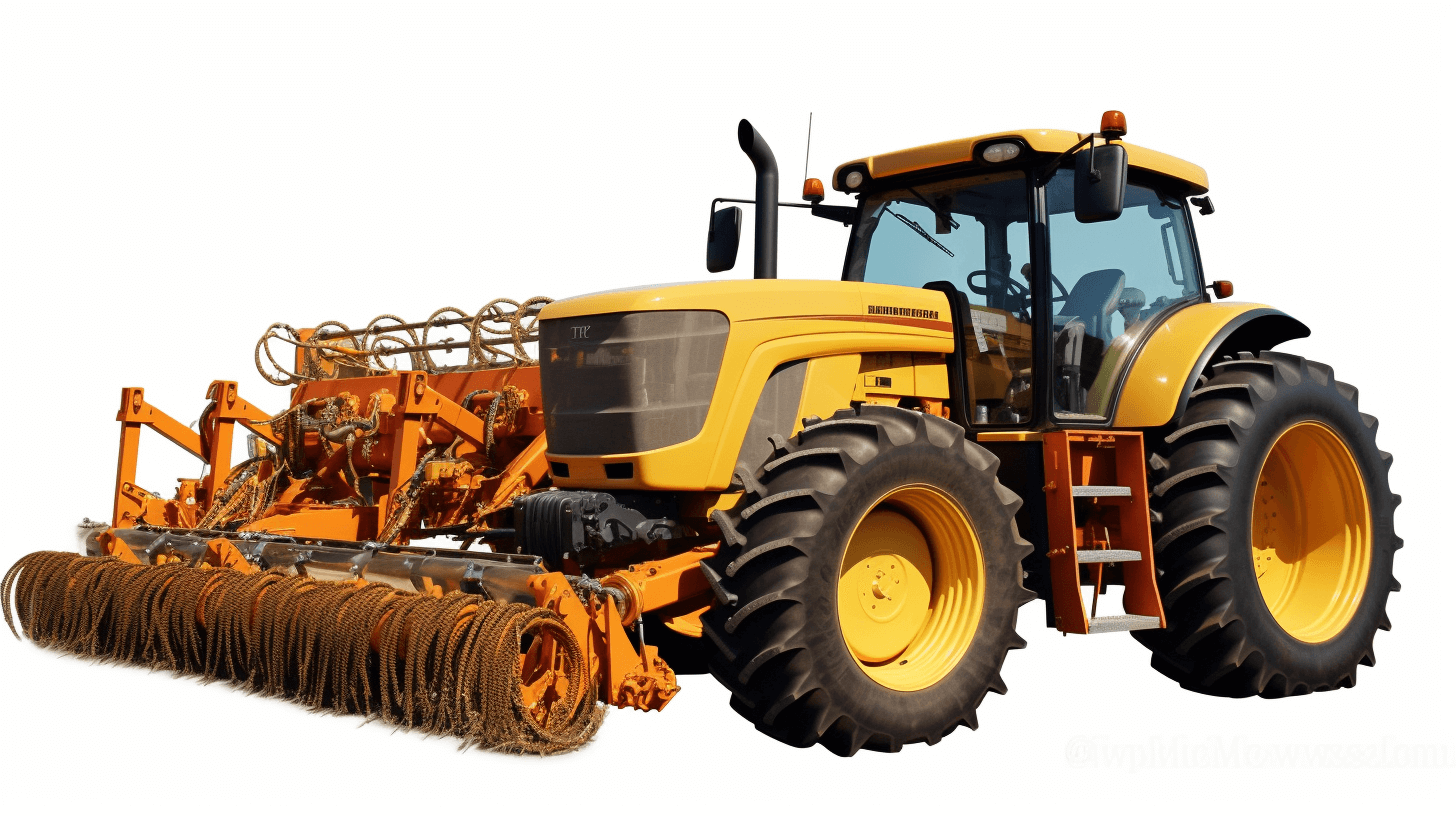 agriculture tractor with harvester and road sweeping brush on white background, png. The tractor is shown with a harvester and road sweeping brush in the style of an agriculture scene on a white background.