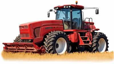 Generate an ultrarealistic illustration of a red tractor with a white background, capturing the precision and power in a detailed vector rendering in the style of a vector artist. Ensure that all elements on the transparent PNG logo convey depth while maintaining high resolution for crisp detailing without repeated words or Chinese characters.