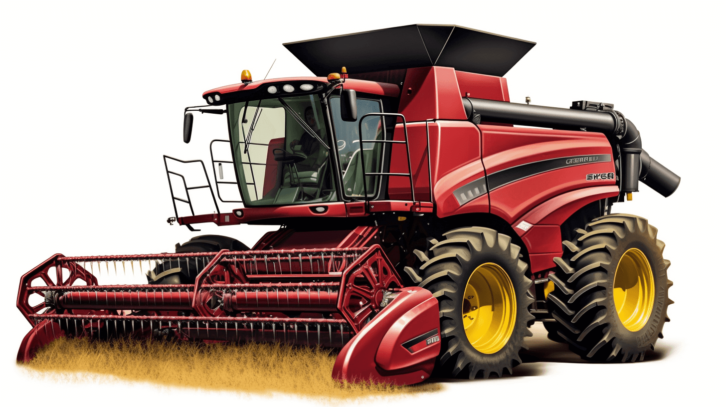 Generate an ultrarealistic vector illustration of a red farm harvester isolated on a white background, capturing the intricate details and textures with stunning realism. Ensure a high resolution for accurate detailing in the style of digital rendering. The design should convey intense energy, while maintaining symmetrical balance throughout the composition. Emphasize sharp lines and vivid colors to bring out every detail, making it suitable as clipart or a die cut sticker.