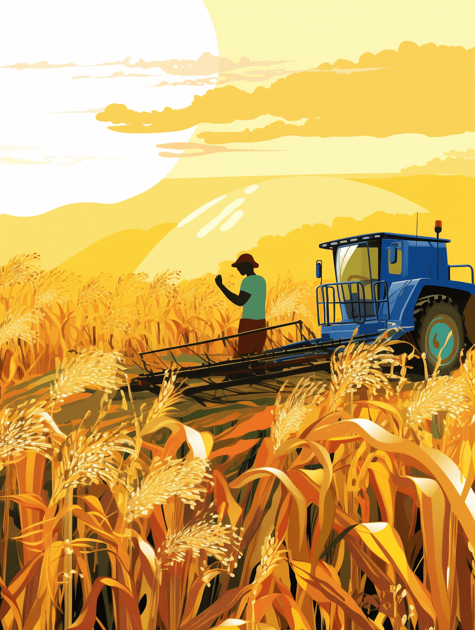 A farmer is driving a harvester in the wheat field. This flat design uses colorful illustration with yellow and blue tones to depict a sunny day. Sun rays and a yellow sky are shown with wheat ears flying around in the simple shapes of the vector style. The high resolution image has high detail, high contrast, and bright colors with sharp lines and no blur or background elements. The high quality, high definition artwork has vibrant colors, a warm tone, and conveys a joyful mood in the style of a minimalist illustration.