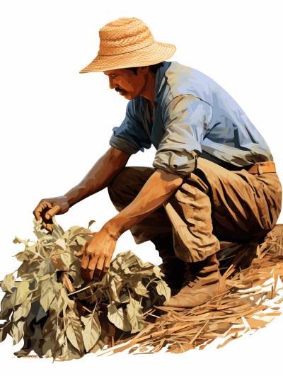 A middle-aged man wearing khaki trousers and a blue shirt is plating tea leaves, with a straw hat on his head. He works hard in the field, using vector graphics to create simple lines and high-definition illustrations with a pure white background and high resolution, in the style of vector graphics.