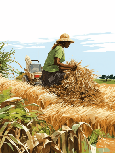 An illustration of an African farmer harvesting rice in the field, with tractors and workers around. The background is a clear blue sky. In green , she carefully uses her hands to add stacks of fresh white paddy ears to stacks. There's some corn growing nearby. This scene conveys agricultural work, in a traditional style, with high resolution, bright colors, natural lighting, and a wide angle perspective.