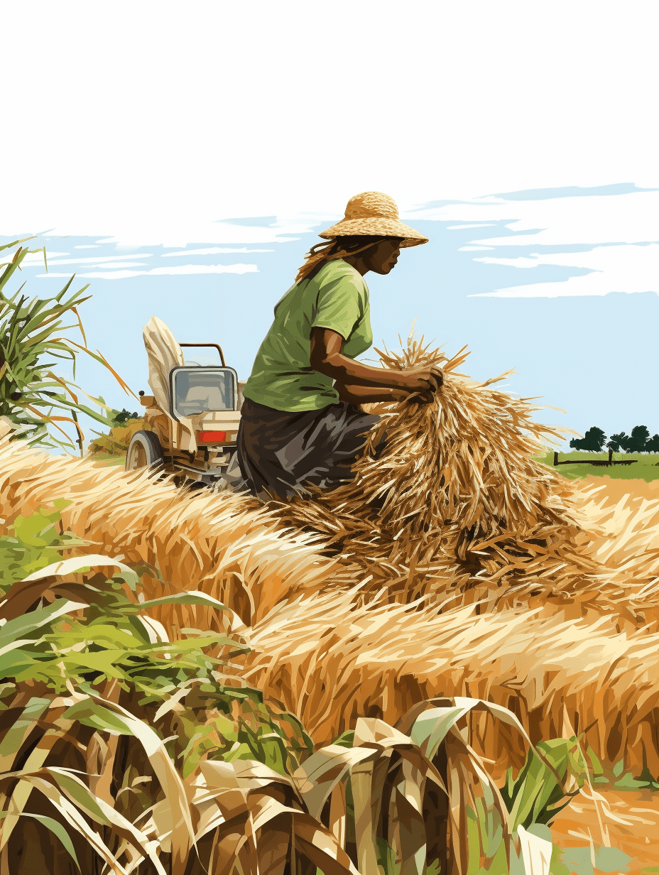 An illustration of an African farmer harvesting rice in the field, with tractors and workers around. The background is a clear blue sky. In green , she carefully uses her hands to add stacks of fresh white paddy ears to stacks. There’s some corn growing nearby. This scene conveys agricultural work, in a traditional style, with high resolution, bright colors, natural lighting, and a wide angle perspective.