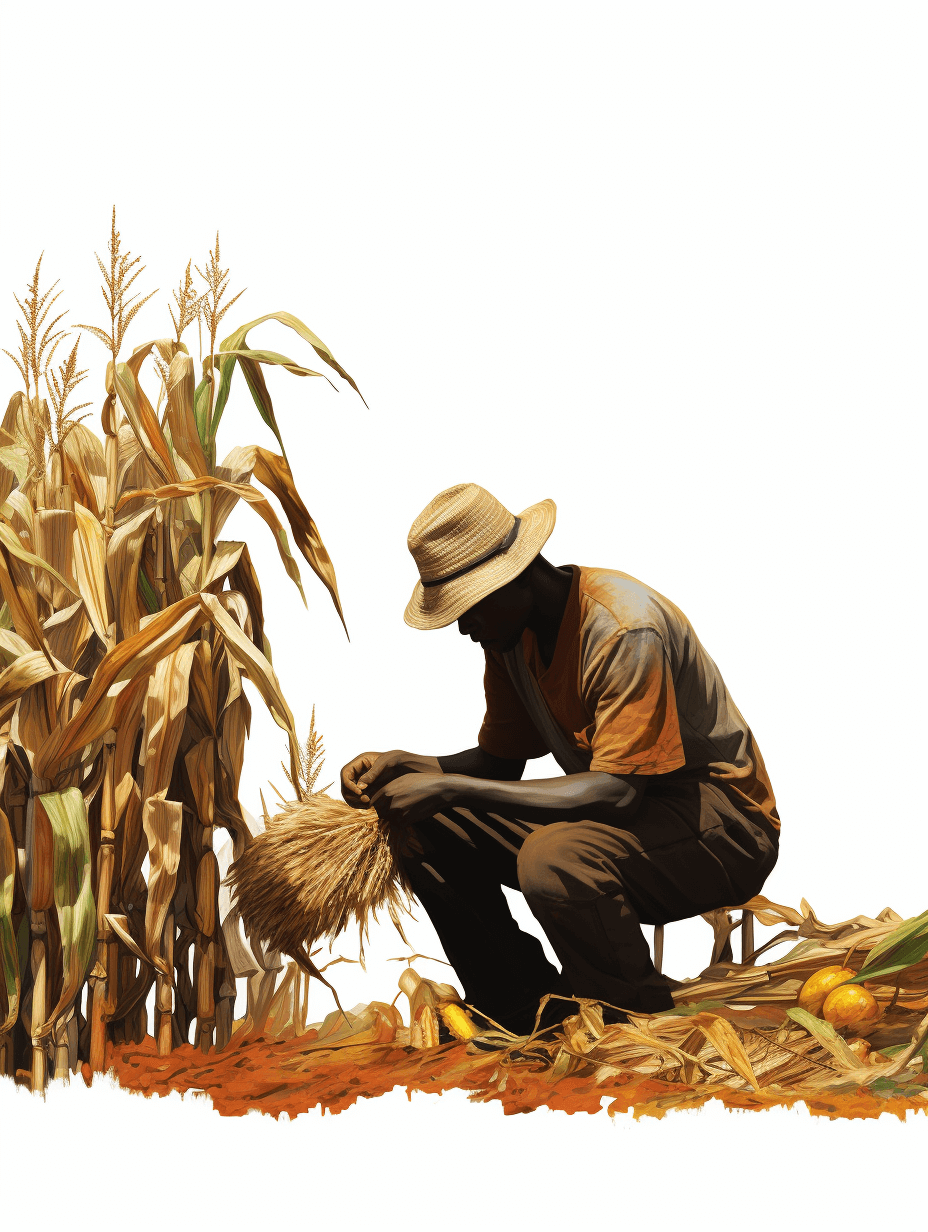 An African farmer is kneeling down to pick corn, the background of which contains high silhouettes of short golden ears with green leaves and brown stalk crops, in the clip art style, on a white background, in the watercolor and flat illustration style of digital oil painting, at 8k resolution.