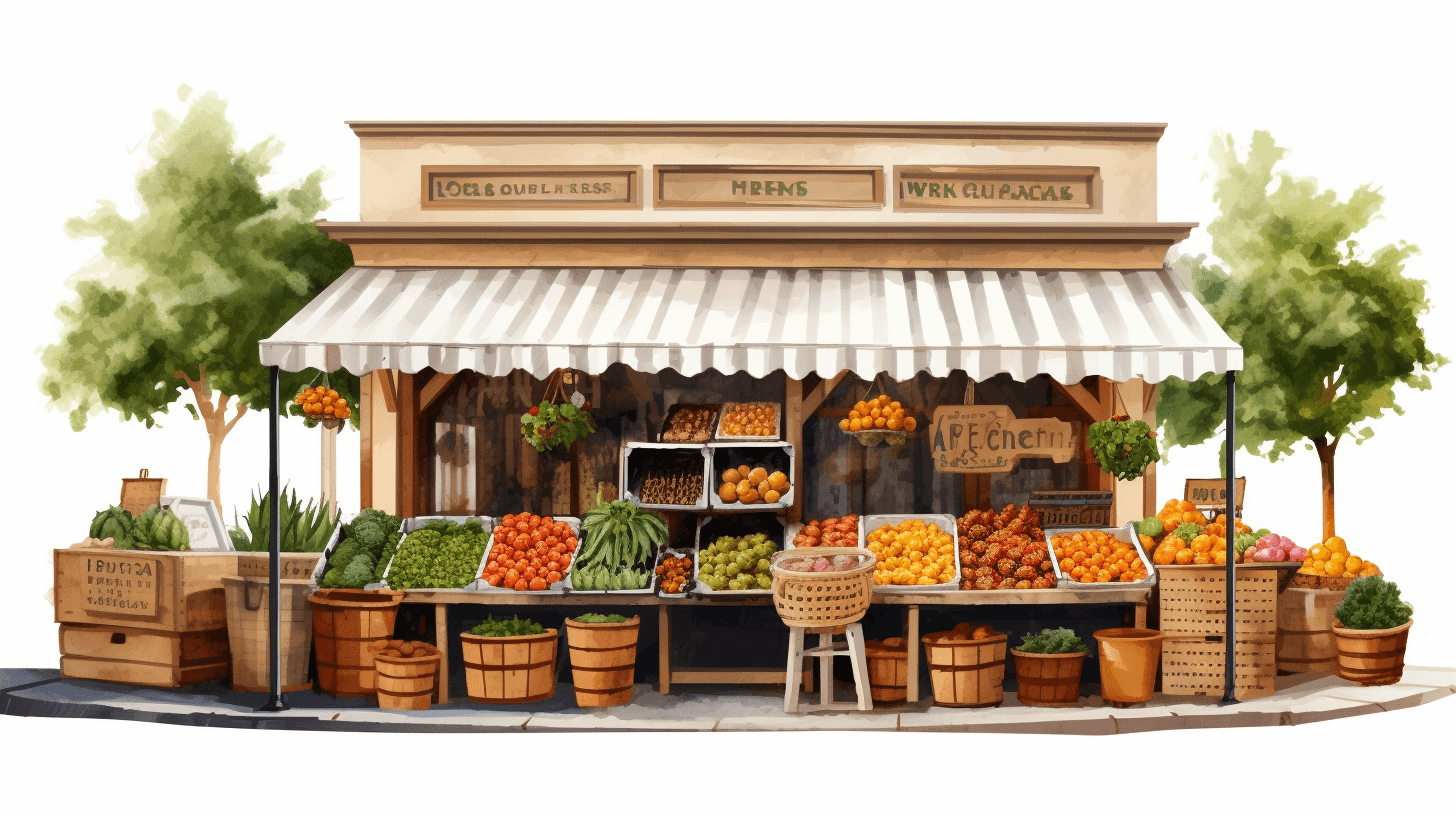 Illustration of an old-fashioned fruit and vegetable stand, white background, vector illustration style, watercolor painting effect, retro style, simple design, front view, with fruits such as apples, oranges, peaches, eggplant on display at the entrance of street stalls. The store is surrounded by wood boxes filled with various vegetables. There were several trees behind it, creating a fresh atmosphere.