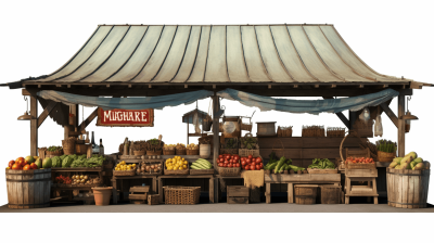 A medieval market stall with fresh produce, a sign that says "mugלותi", a 3D render on a white background in the style of a high resolution, highly detailed, highly realistic, cinematic, movie quality digital art concept design sheet.