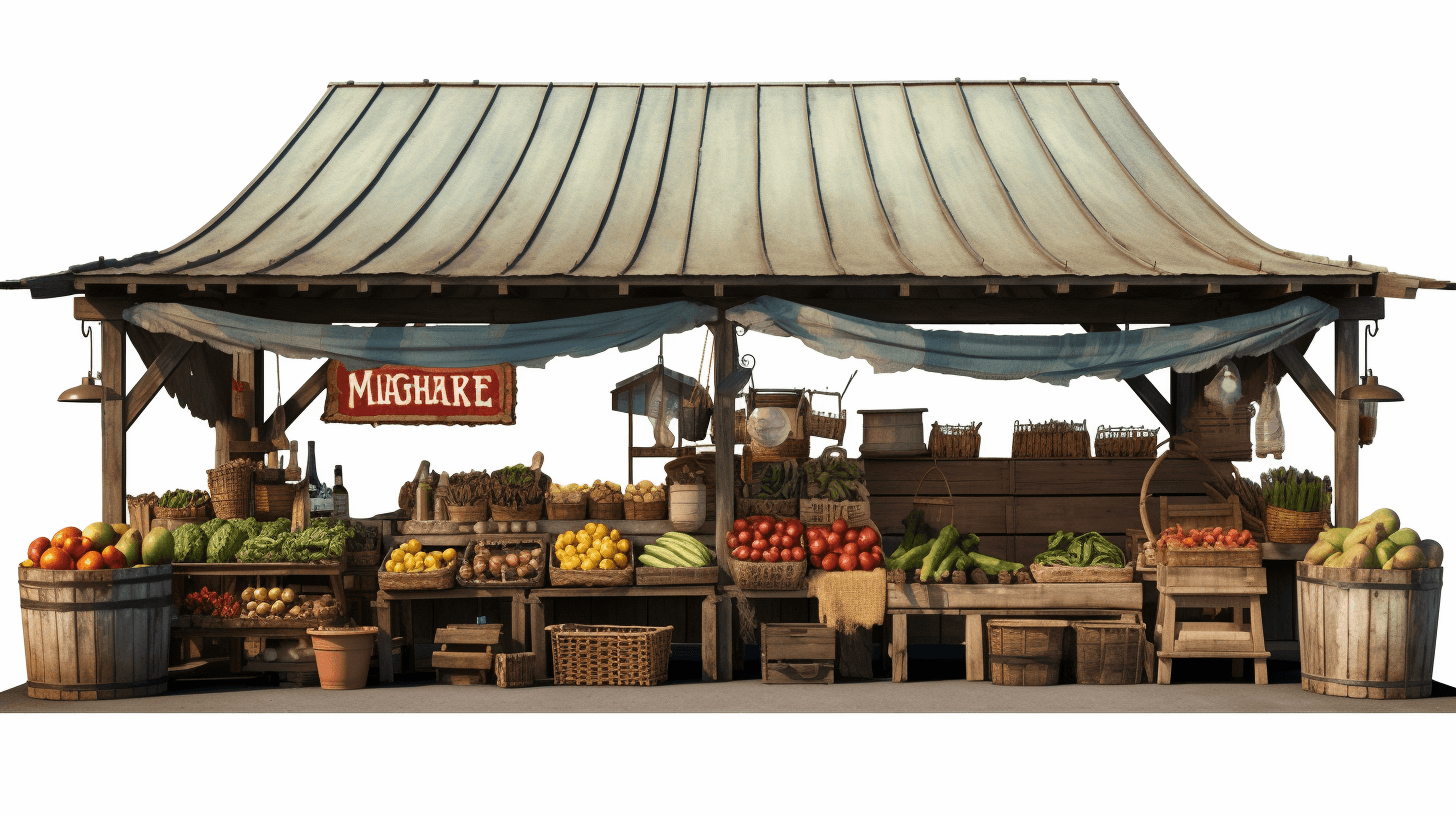 A medieval market stall with fresh produce, a sign that says “mugלותi”, a 3D render on a white background in the style of a high resolution, highly detailed, highly realistic, cinematic, movie quality digital art concept design sheet.