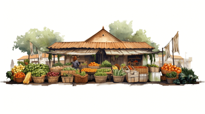 watercolor beautiful small African market with fruit and vegetable stands, clipart on white background, soft color, hyper realism set like in the movie [Studio Ghibli](https://goo.gl/search?artist%20Studio%20Ghibli) style illustration