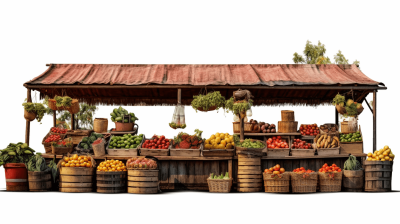 photorealistic market stall with lots of fruits and vegetables, wooden structure, white background, png transparent. The image depicts a market stall in the style of photorealism with many fruits and vegetables, a wooden structure, on a white background, in PNG format with transparency.