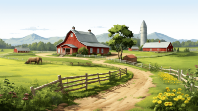 A beautiful farm with a red barn, green pastures and a white silo in the background. There is also an old wooden fence along one side of it. In front there's a dirt road leading to a rustic farmhouse, with horses grazing on the grassland. in the style of a cartoon or anime.