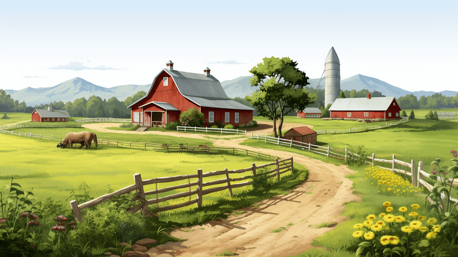 A beautiful farm with a red barn, green pastures and a white silo in the background. There is also an old wooden fence along one side of it. In front there’s a dirt road leading to a rustic farmhouse, with horses grazing on the grassland. in the style of a cartoon or anime.