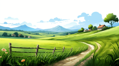 Cartoon style, green grassland with road leading to farm and houses in the distance, wooden fence along path, white sky, mountains visible on horizon, bright sunny day, vibrant colors, detailed illustration, high resolution